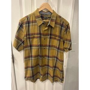 Toad&Co Button Down Shirt Mustard Yellow Plaid Organic Cotton‎ Short Sleeve L